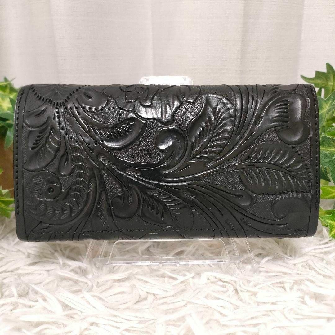 ALZUNI 長財布 ブラック ペイズリー アルズニ 財布 黒 レザー 総柄花柄