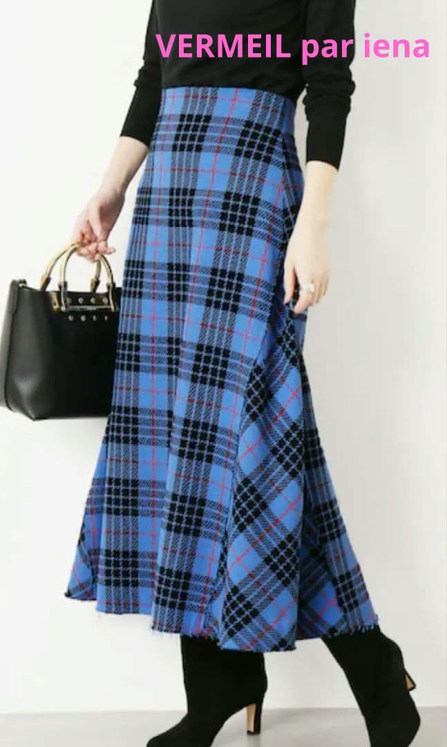 ヴェルメイユパーイエナ★ロングスカート タータンチェック ブルー 36