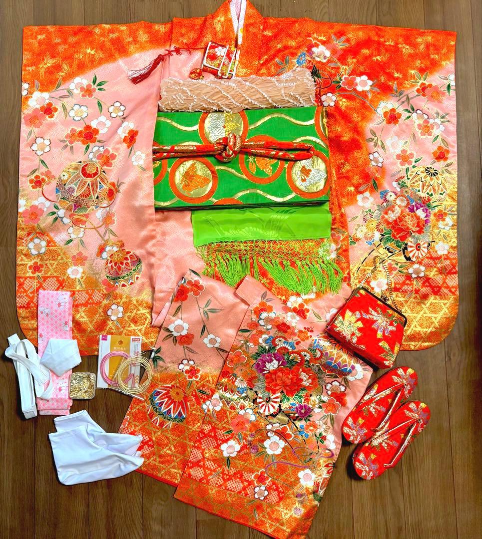 七五三 セット7歳 女の子 手毬 梅 オレンジ系 ピンク 花御所車 金プリント