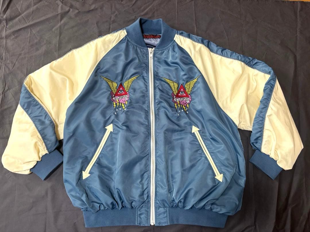 RNA スカジャン ブルー×アイボリー 刺繍入り アメカジ　Ｍサイズ