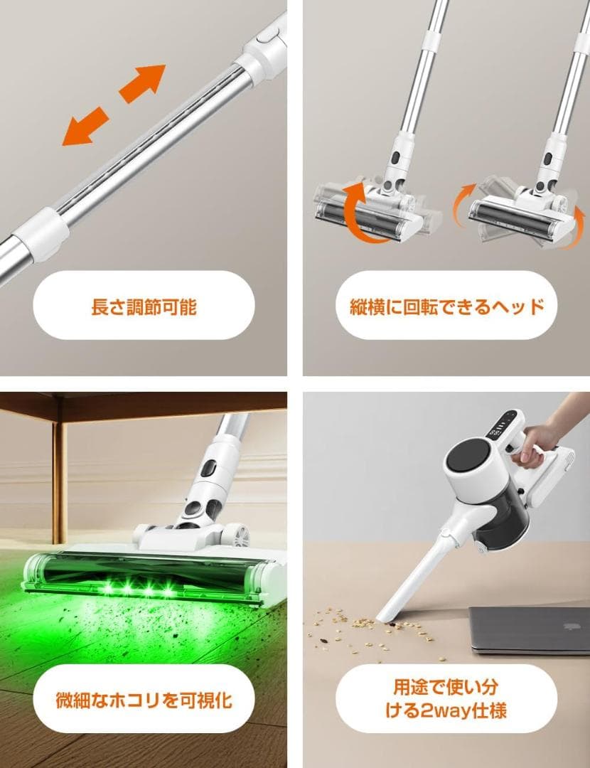 コードレス掃除機 スティック型 超強力65KPa 60分連続 軽量 スタンド付