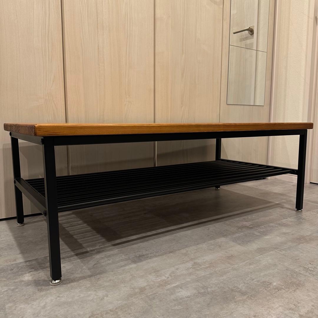 無垢材 センターテーブル 一枚板 棚付き インダストリアル ローテーブル