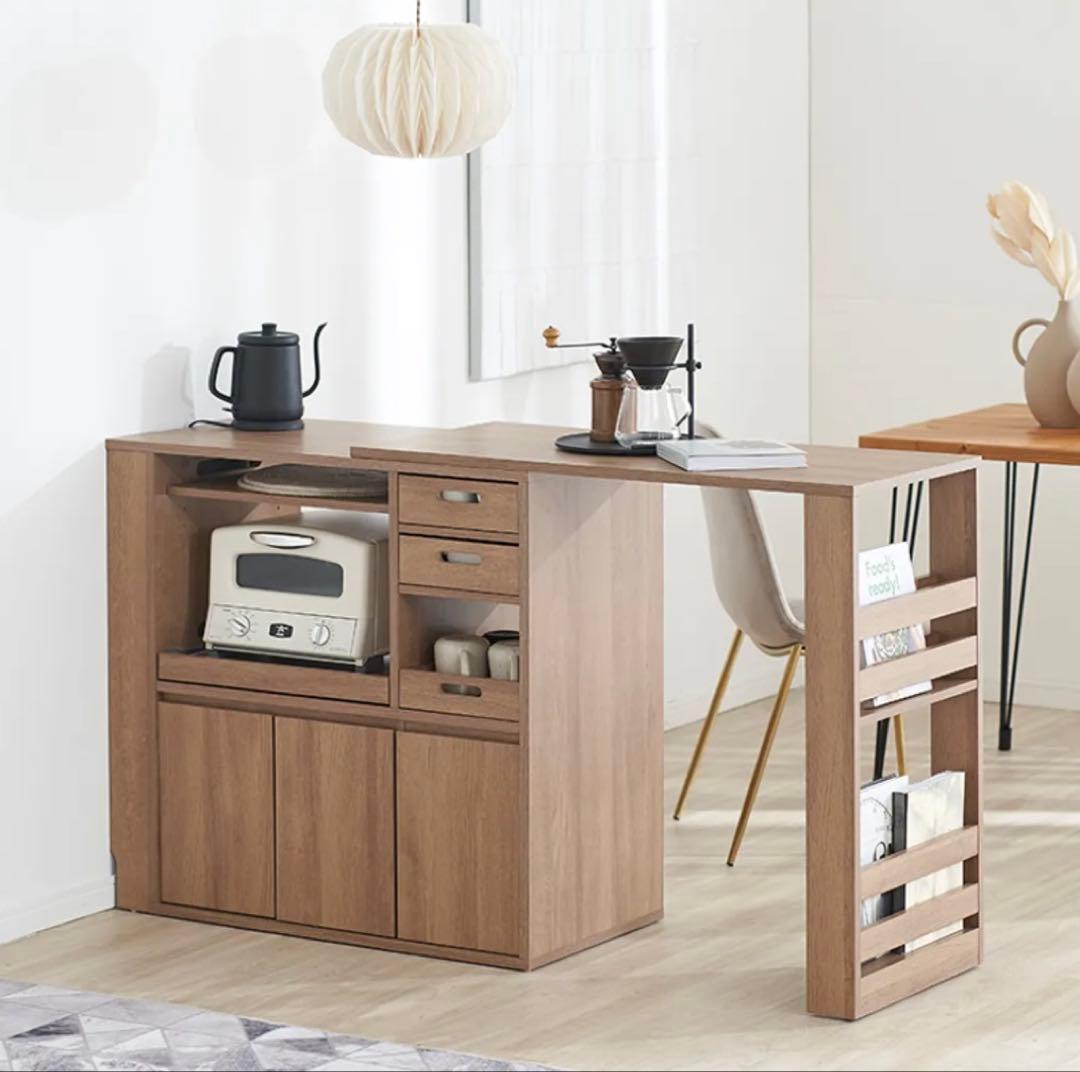 LOWYA 伸縮式キッチンカウンター 食器棚 木目調