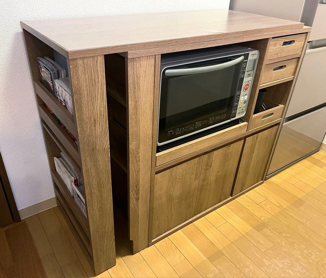 LOWYA 伸縮式キッチンカウンター 食器棚 木目調