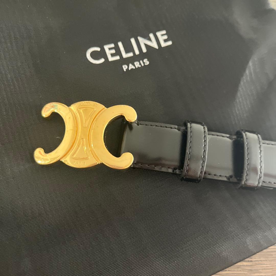 CELINE ブラックレザーベルト ゴールドバックル90cm