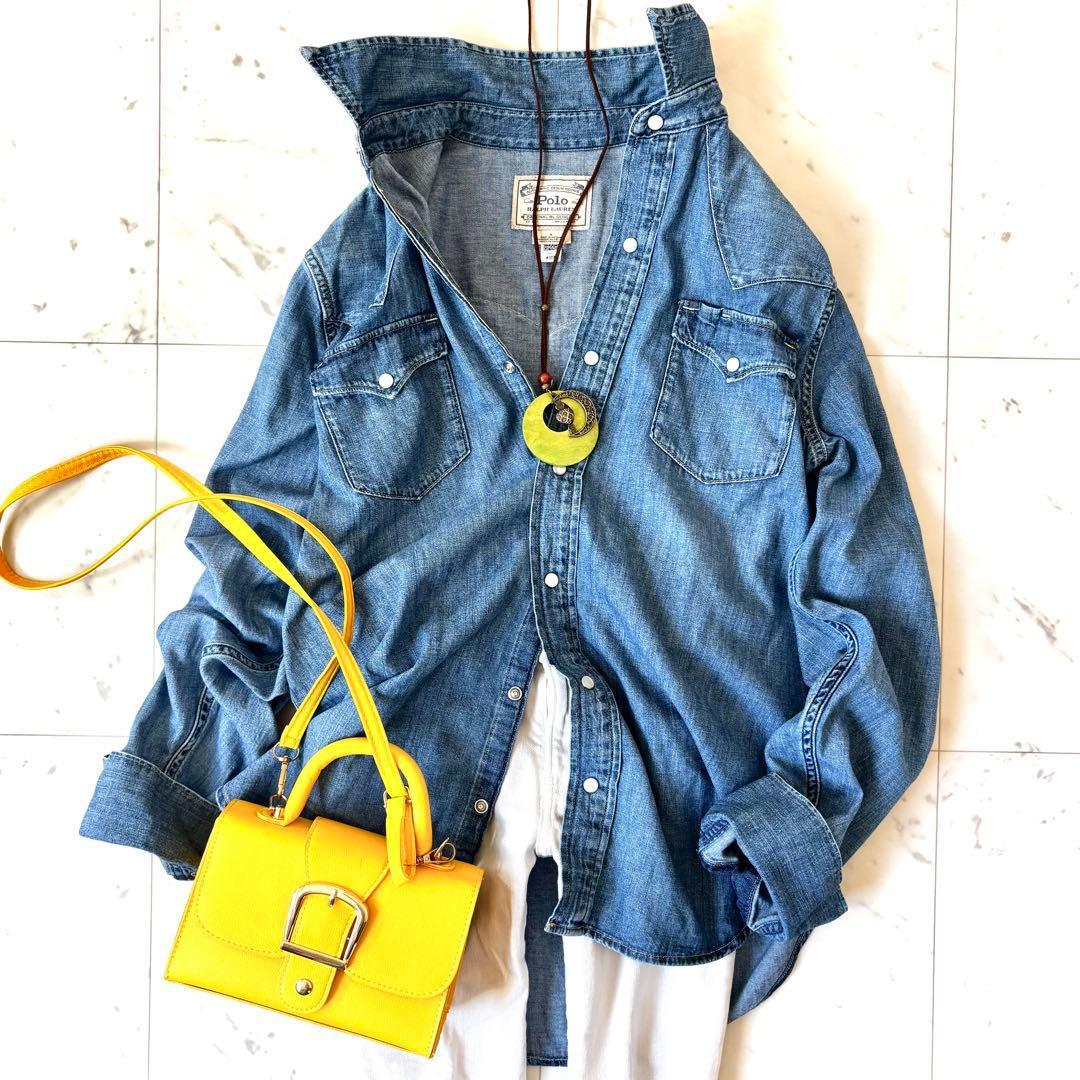 美品　ポロラルフローレン　ウエスタンデニムシャツ　パールボタン　ライトブルー