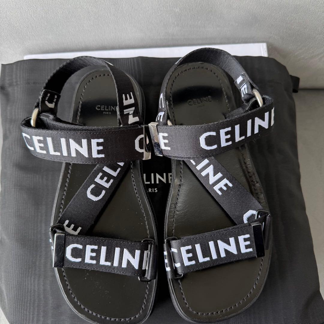 セリーヌ レオ ストラッピー サンダル レザー ファブリック ベルクロ 38