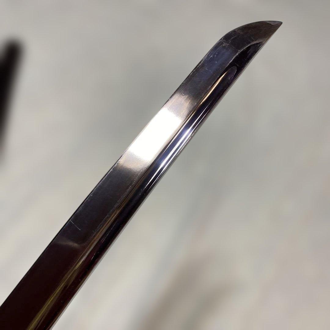 長めの居合刀 灰茶柄 龍彫金縁丸鍔 焦茶梨地鞘