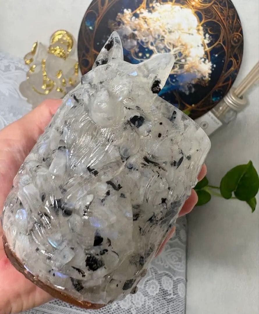 オルゴナイト 白い狐さんの小物入れ ムーンストーン