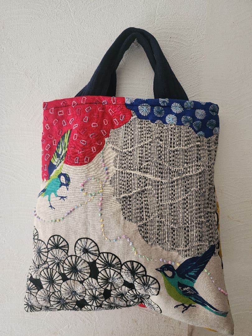 ♡新作　希少　エチノ生地　鳥の絵柄が可愛い刺し子バッグ　センソユニコ慈雨等