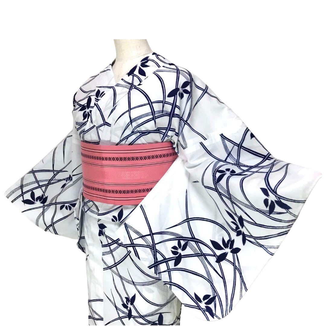 【浴衣】草花模様 芝草　注染　白地 ホワイト　古典 綿 ＋半幅帯セット