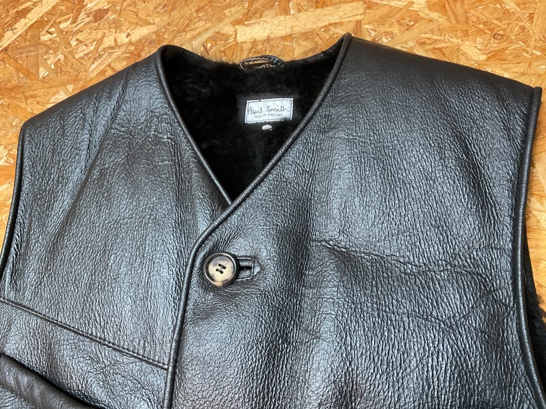 ポールスミス 90s イングランド製 ムートン レザーベスト ジレ 黒 M