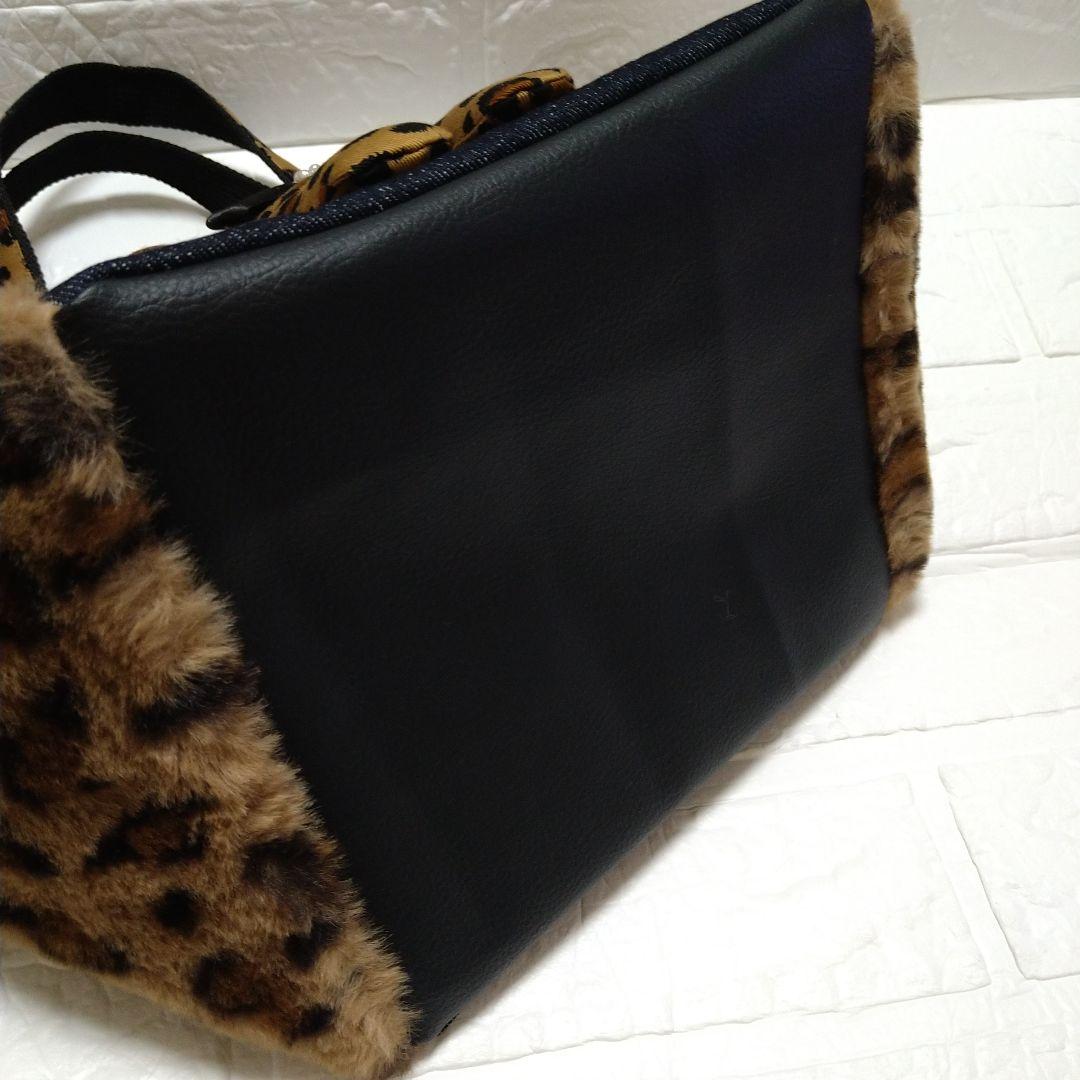 ゆ*ら様 コヤンイサムチョン☆スクエアトートバッグ　デニム＆ヒョウ柄ボア　オッド