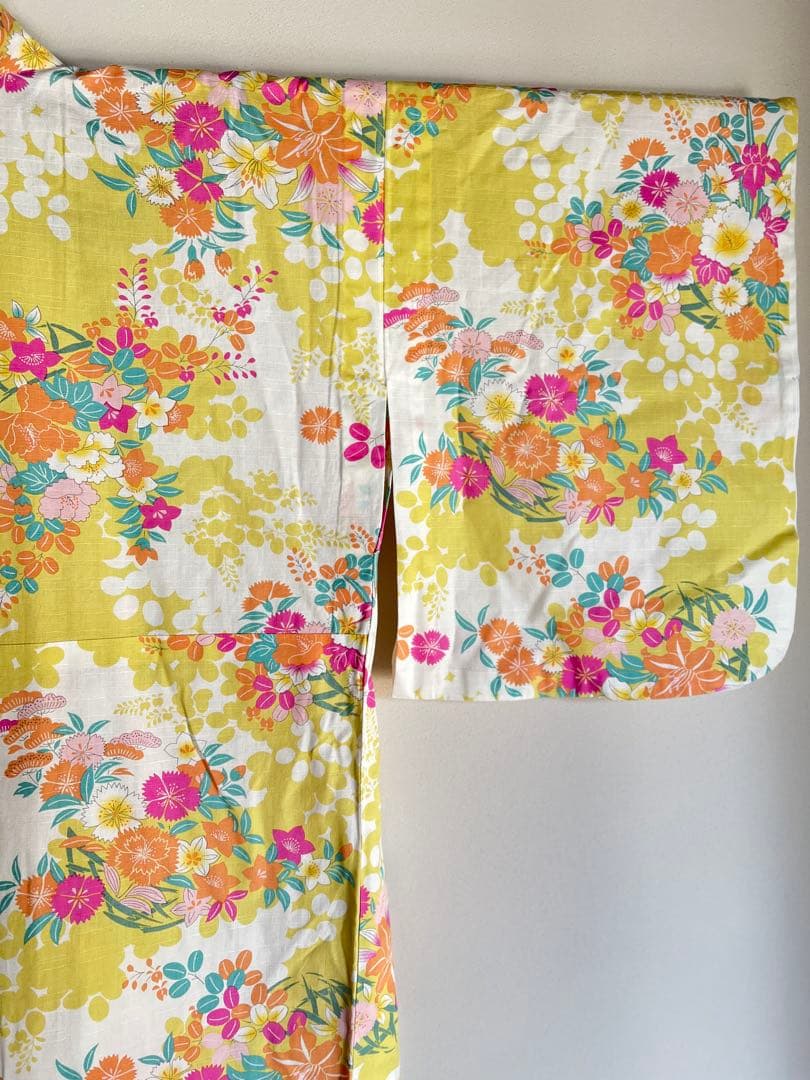 【柴田】美品　撫松庵　黄色に花　単衣／浴衣