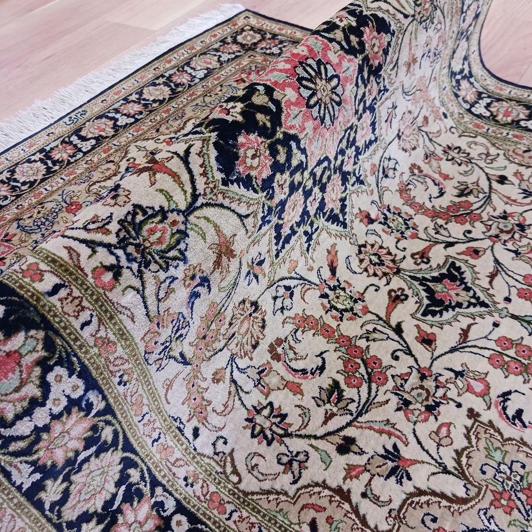 Y3283 高級ペルシャ絨毯 クム産 工房サイン シルク100% 手織り