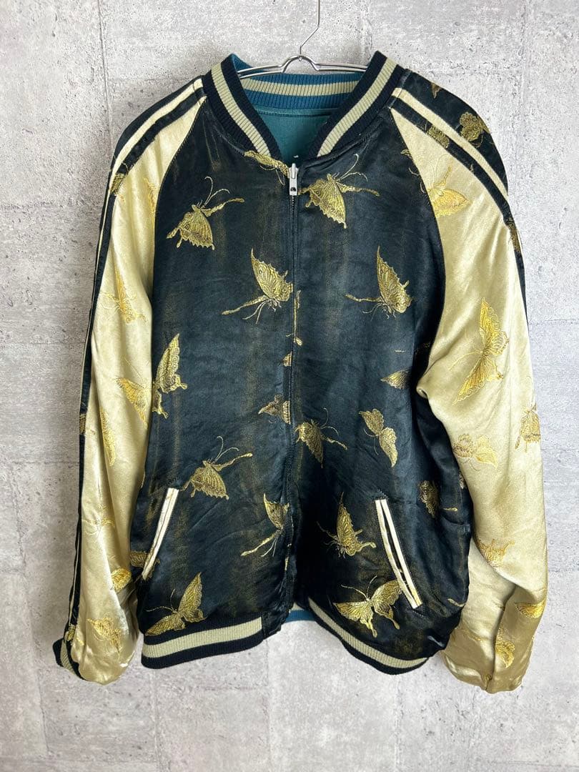 金魚 蝶 刺繍 花旅楽団 スカジャン L レーヨン GRN