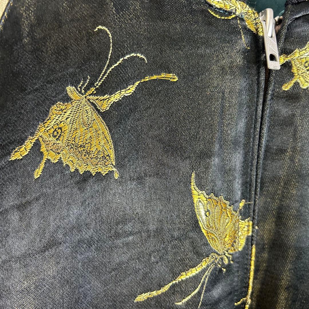 金魚 蝶 刺繍 花旅楽団 スカジャン L レーヨン GRN