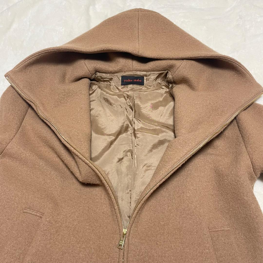 ヨシエ　イナバ　ミドル丈　コート　毛　ベージュ　フード