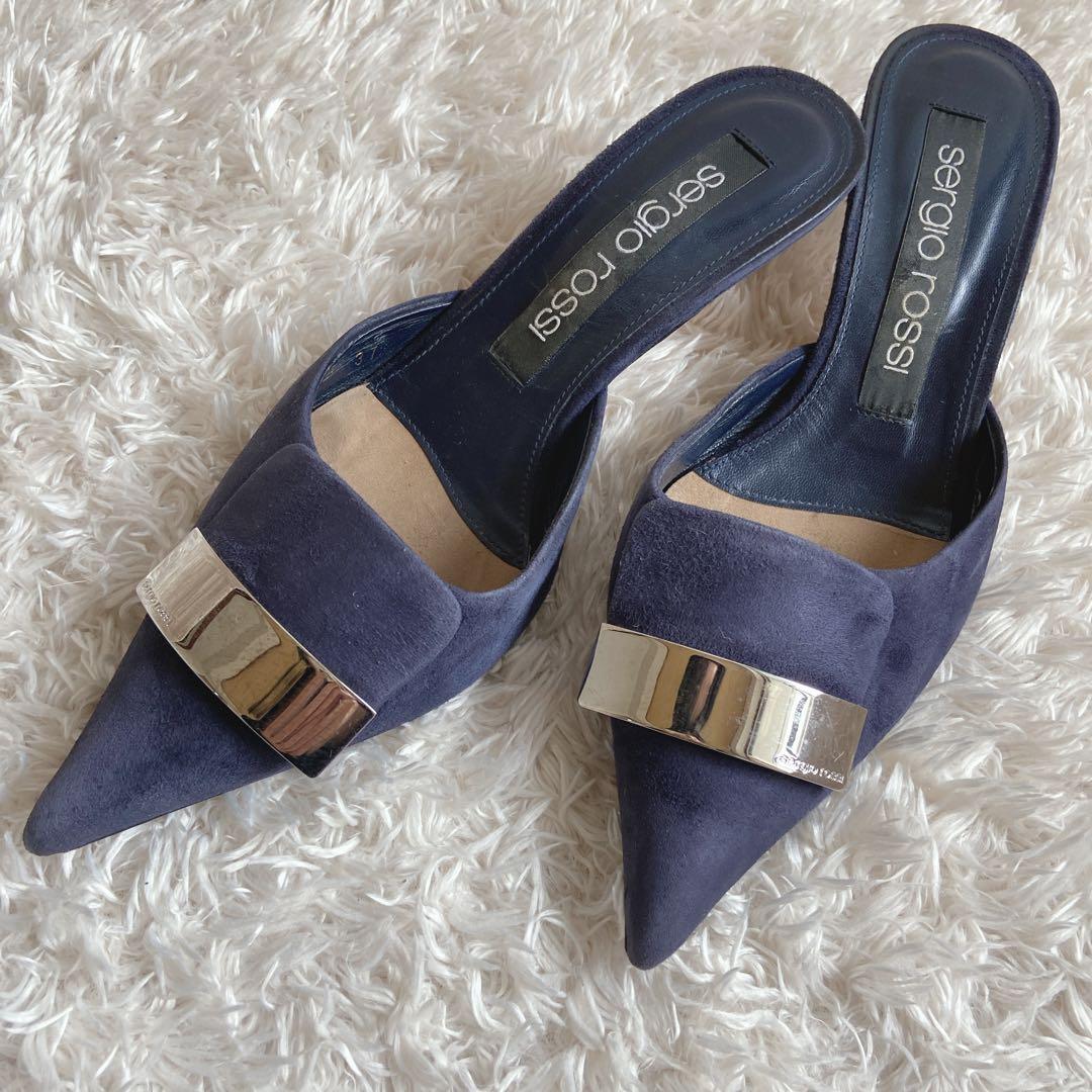 セルジオロッシ　sr1　ローヒールパンプス　ネイビー　37　メタルプレート