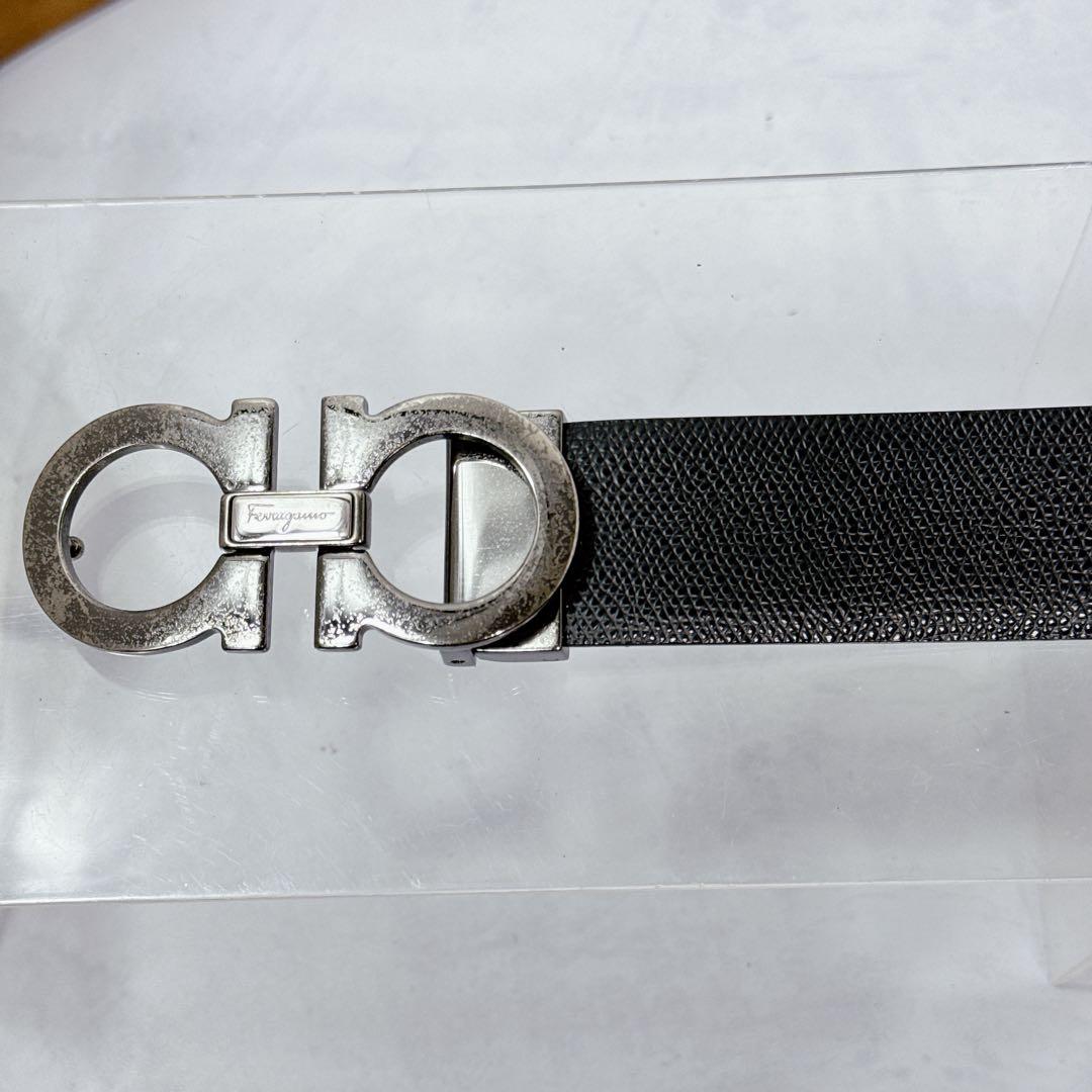 エイジング良好 Ferragamo ダブルガンチーニ ベルト シボ革ガンメタ
