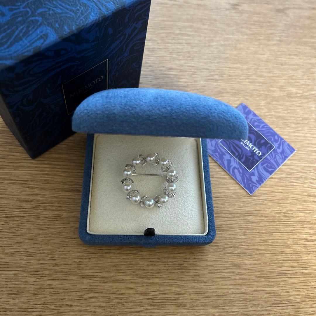 MIKIMOTO ミキモト　真珠　パール　シルバー　葉彫り　月桂樹　ブローチ