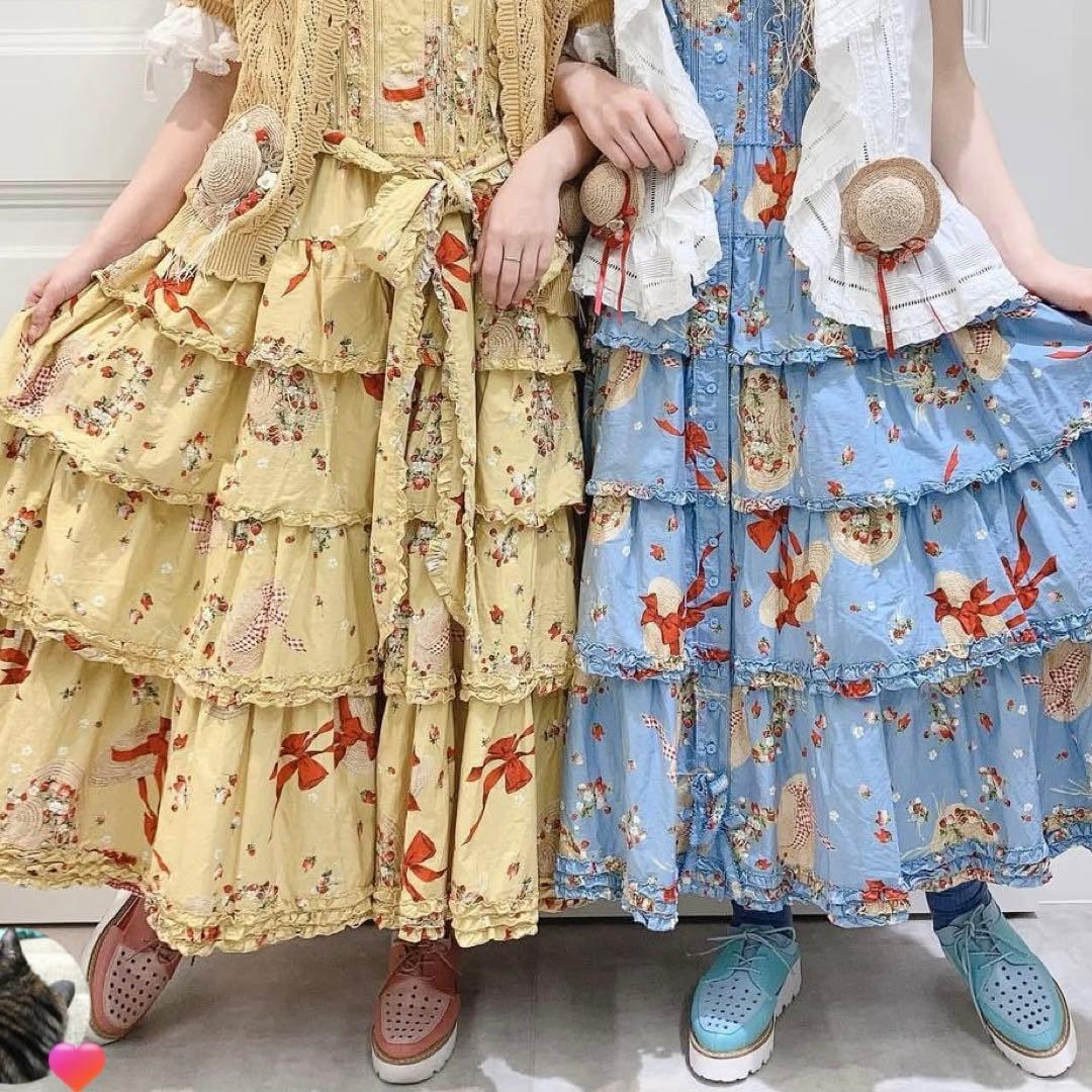 週末値下◆ピンクハウス◆ストロベリーハット　プリント ティアードワンピース　赤