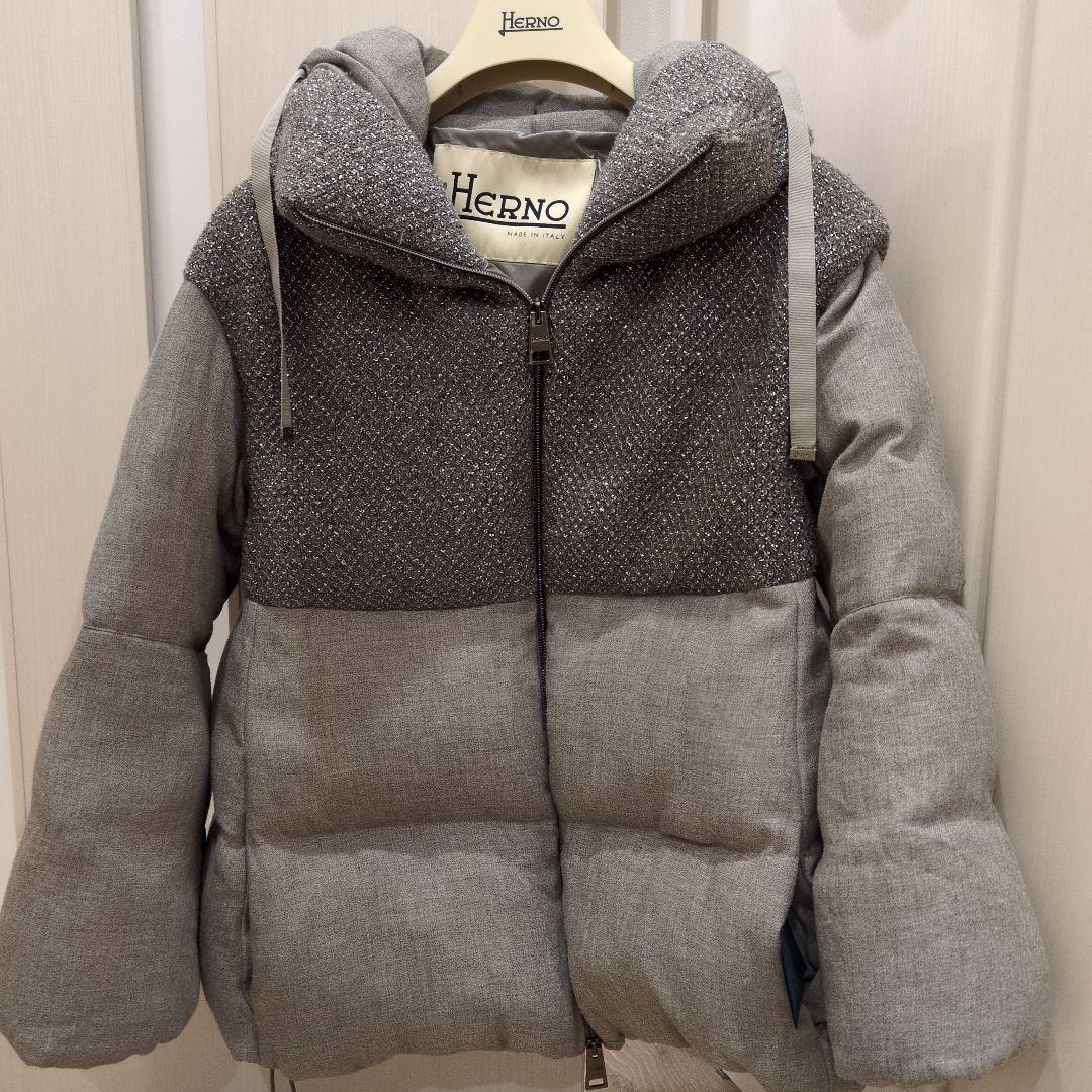 週末SALE☆ ヘルノ 異素材ミックス ダウンジャケット グレー ラメ 40