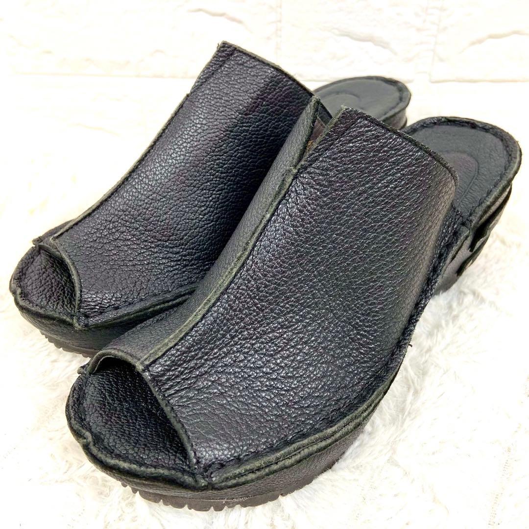 未使用級 ヒナデイグリーン レザー ミュール サンダル ウェッジソール L