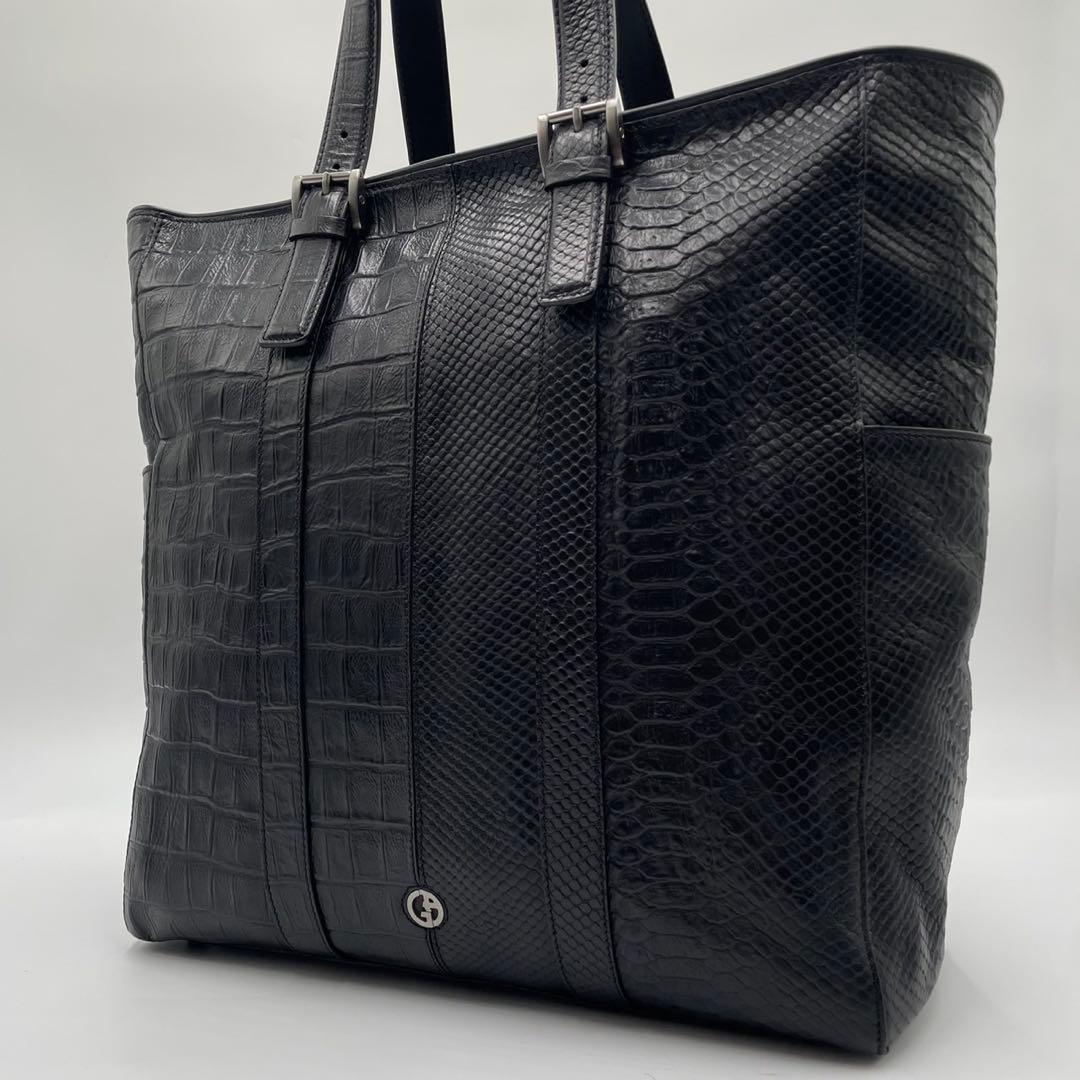 【極美品】 ジョルジオアルマーニ 銀座タワー トートバッグ 型押し レザー 黒