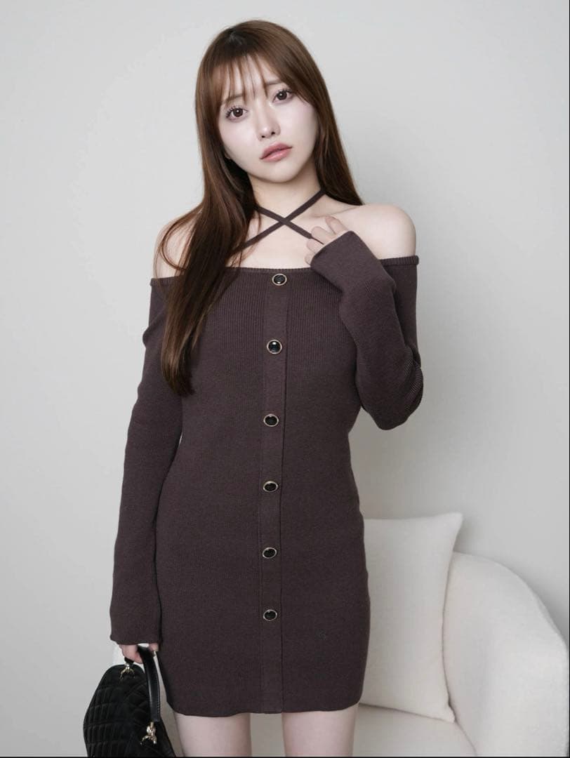 LIP SERVICE ファーオフショルボタンニットワンピース リップサービス