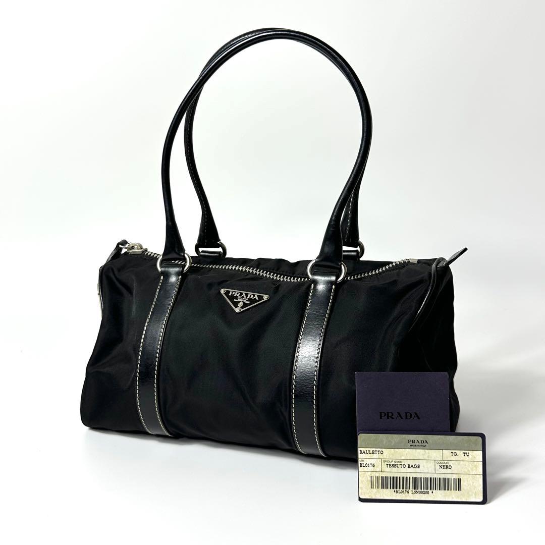 美品 PRADA ナイロンレザー ミニボストンバッグ 3角ロゴ ブラック