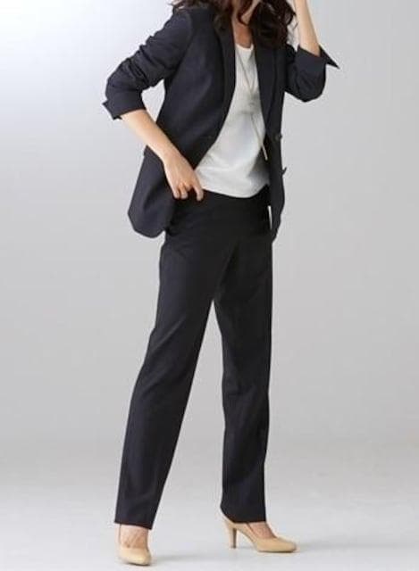 新品☆15号L黒系無地♪ストレッチ素材♪ストレートパンツスーツ☆a259