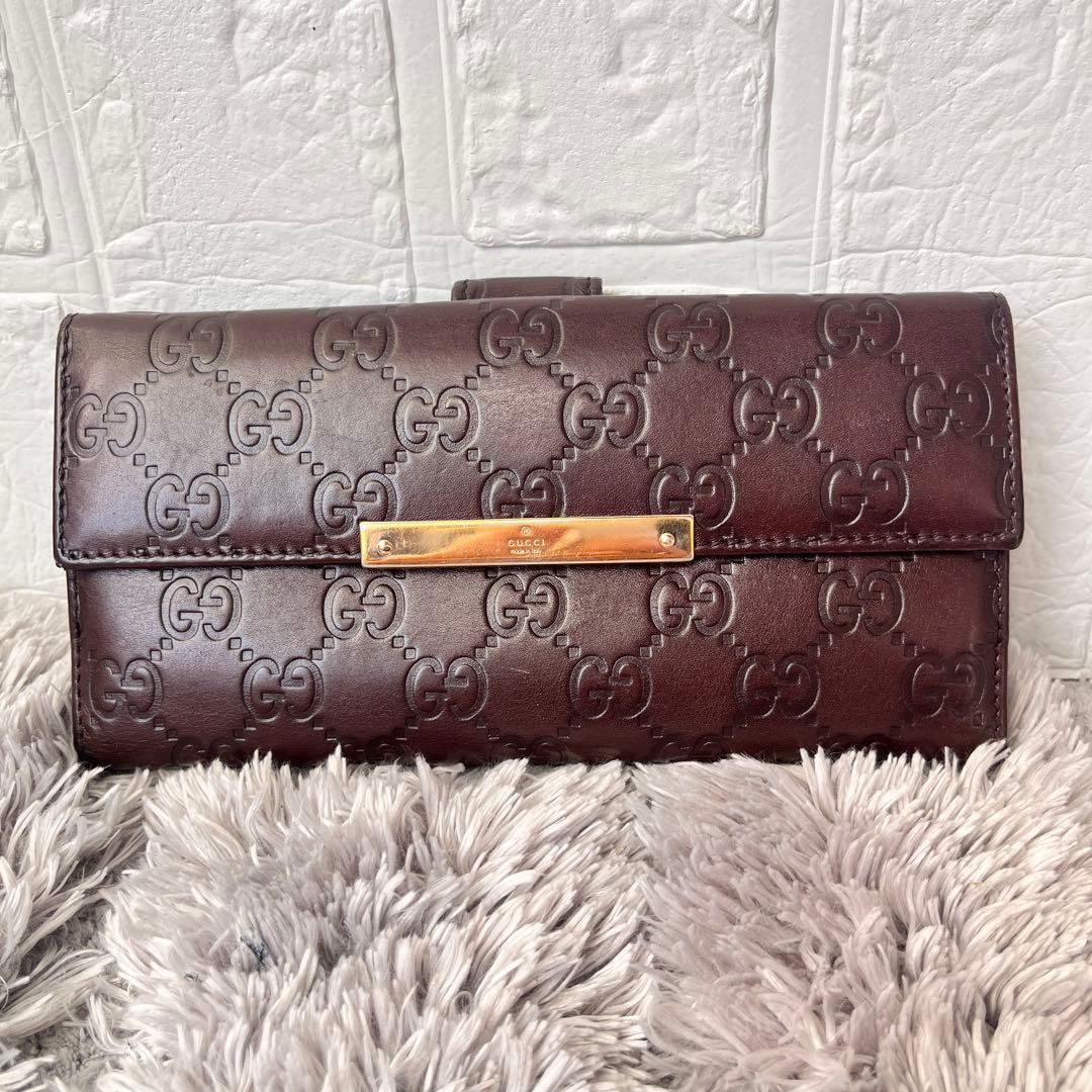 良品✨GUCCI シマ　ロゴプレート　Wホック　ダークブラウン　長財布　メンズ