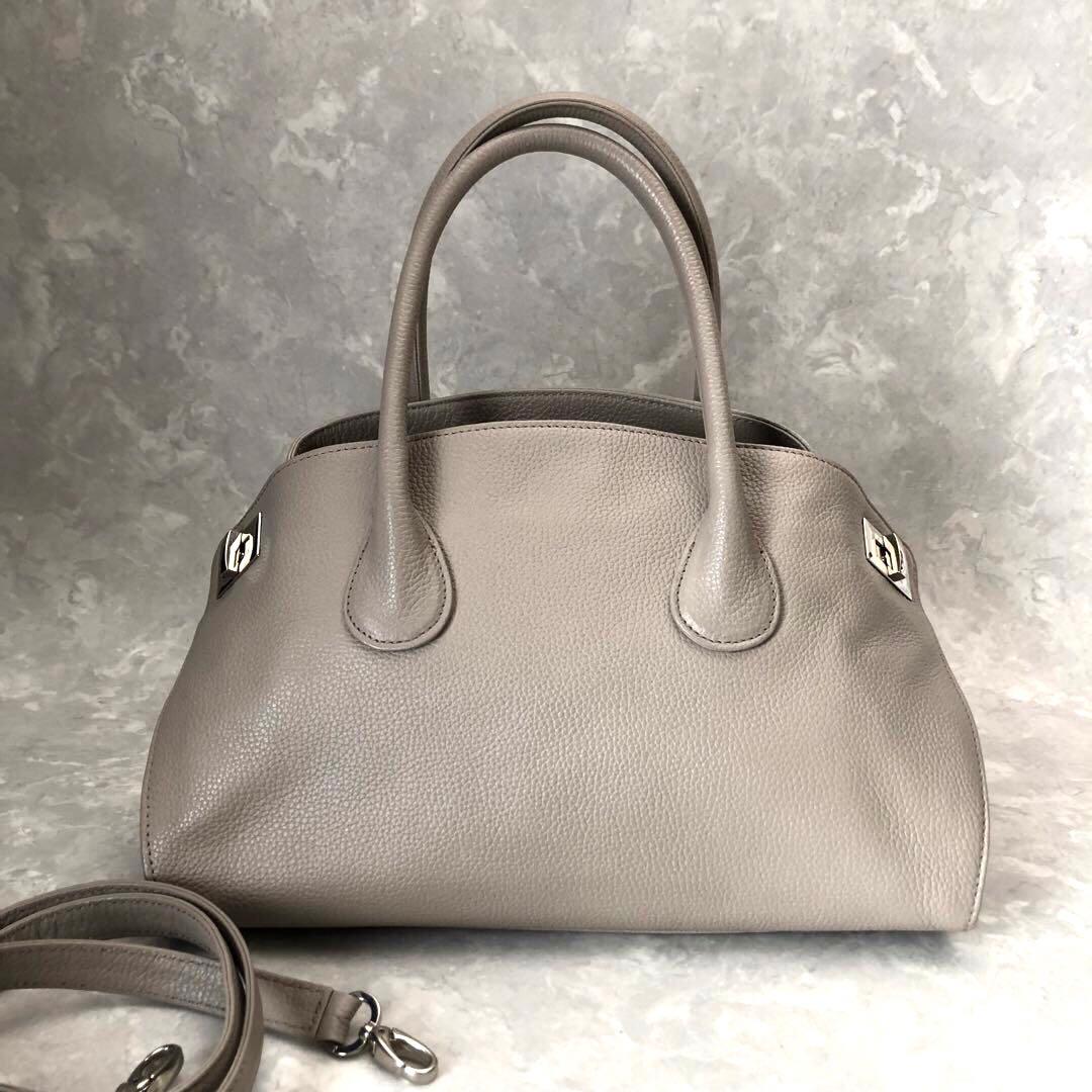 ★極美品★傳濱野 ハンドバッグ 2WAY レザー グレージュ レティア シボ