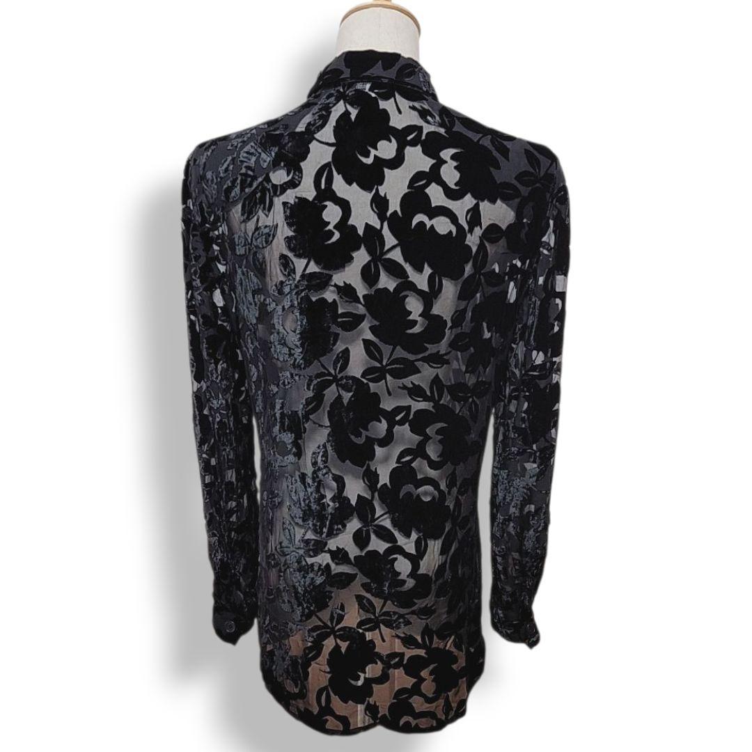ジョルジオ・アルマーニ イタリア製 シルク使用 ベロアフラワー柄シアーシャツ 黒