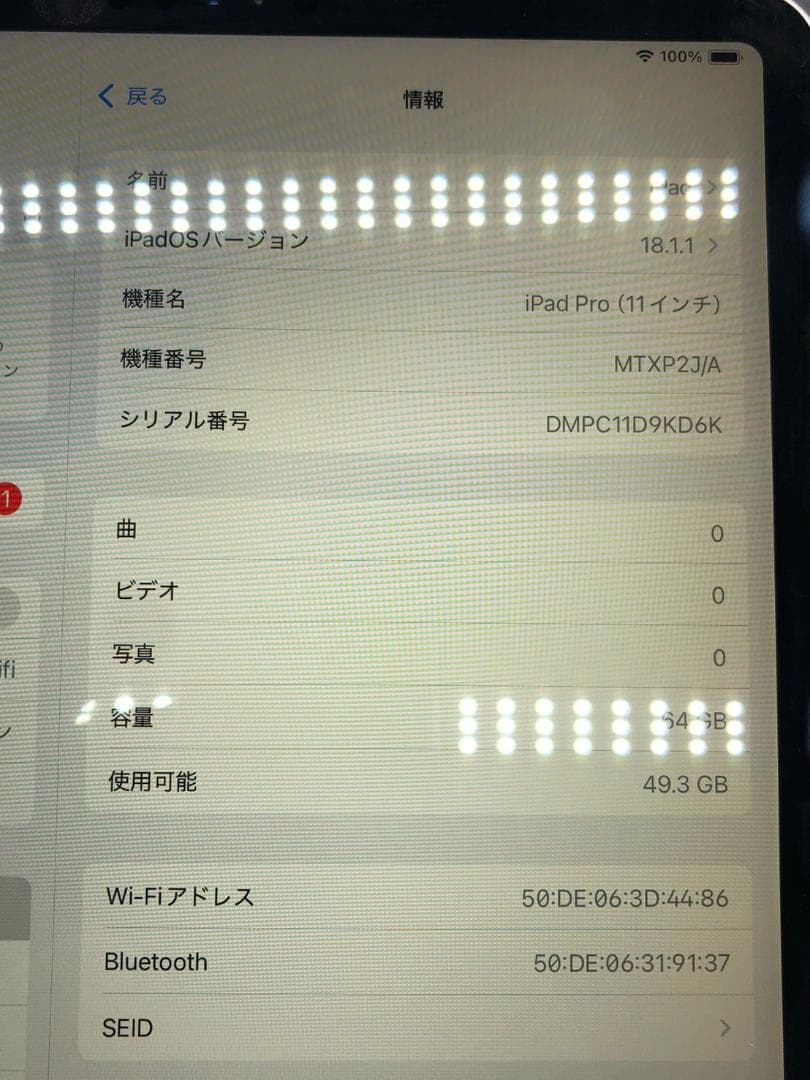 動作OK Apple iPad Pro 11インチ 64GB MTXP2J/A
