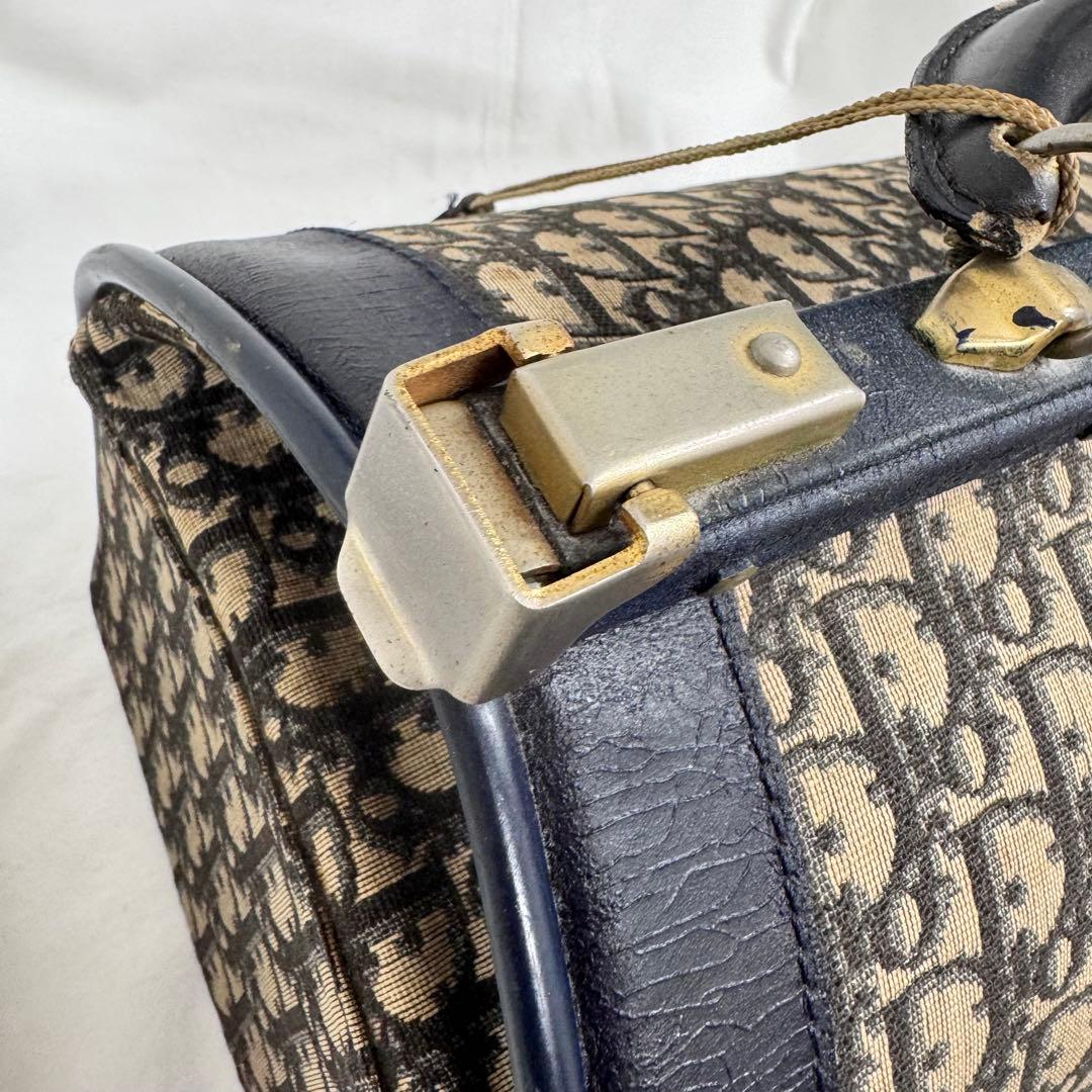 Dior ビンテージボストンバッグ ネイビー がま口ハンドバッグトロッター柄