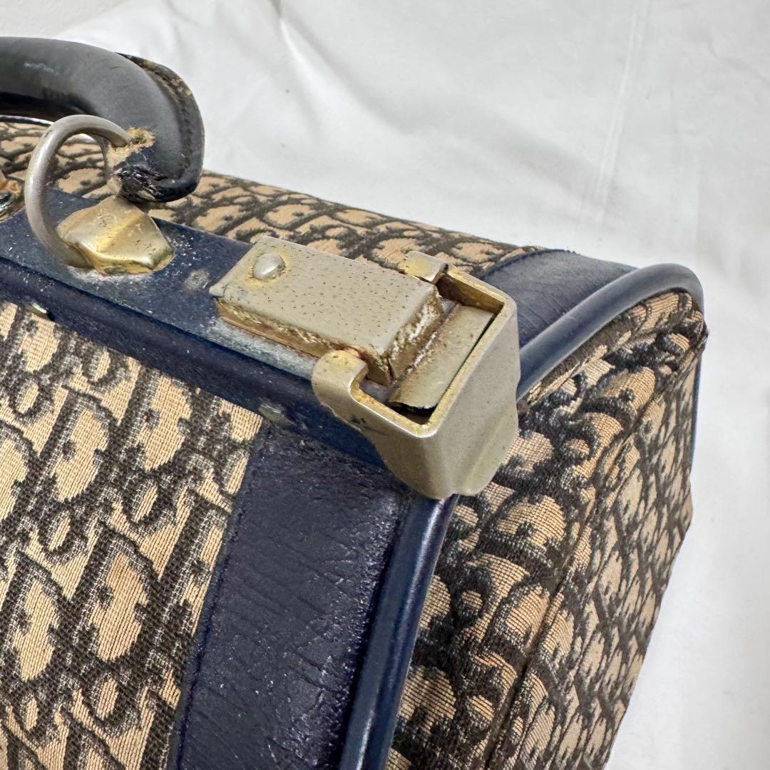 Dior ビンテージボストンバッグ ネイビー がま口ハンドバッグトロッター柄