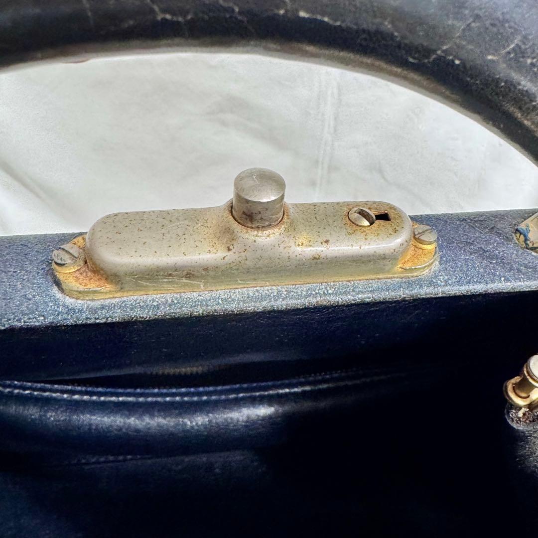 Dior ビンテージボストンバッグ ネイビー がま口ハンドバッグトロッター柄