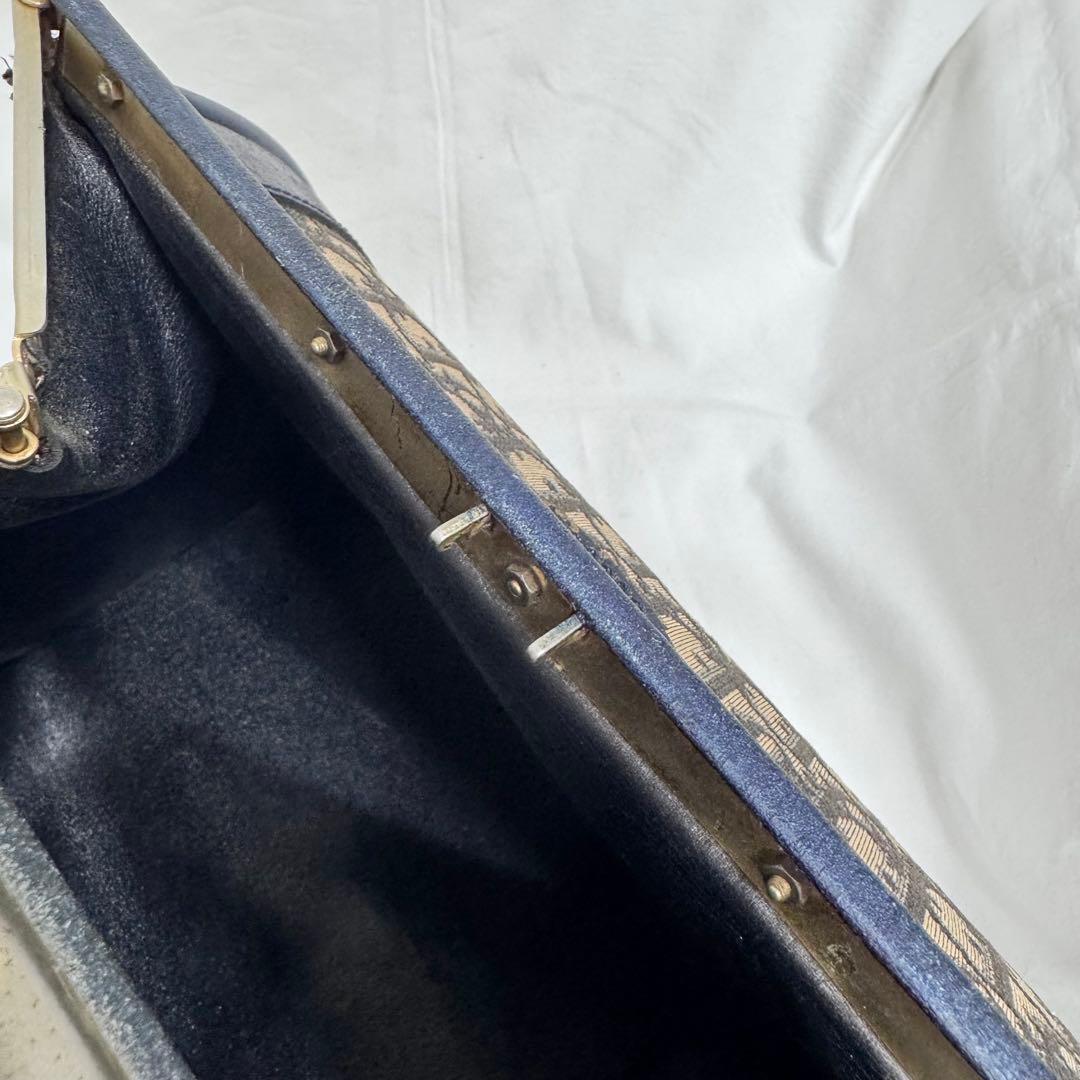 Dior ビンテージボストンバッグ ネイビー がま口ハンドバッグトロッター柄