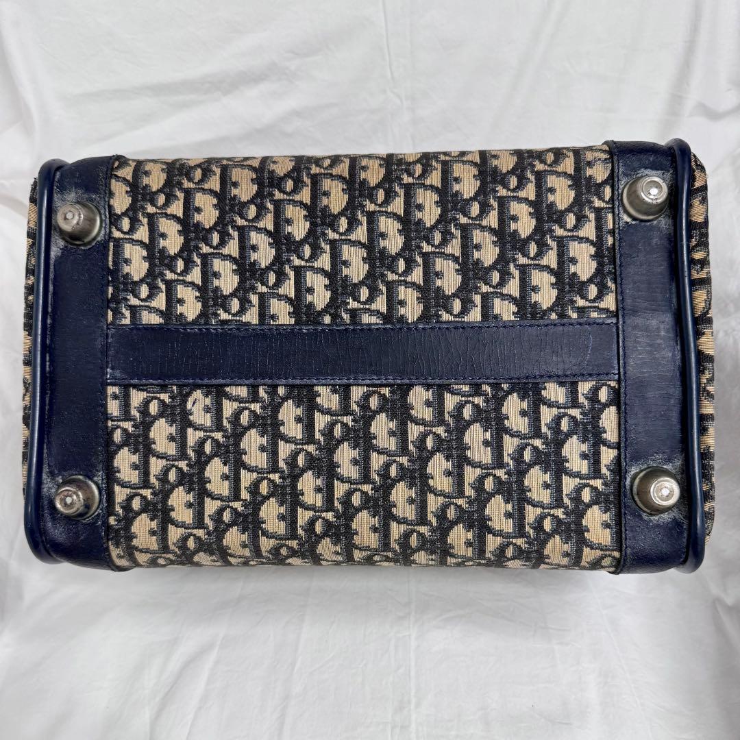 Dior ビンテージボストンバッグ ネイビー がま口ハンドバッグトロッター柄