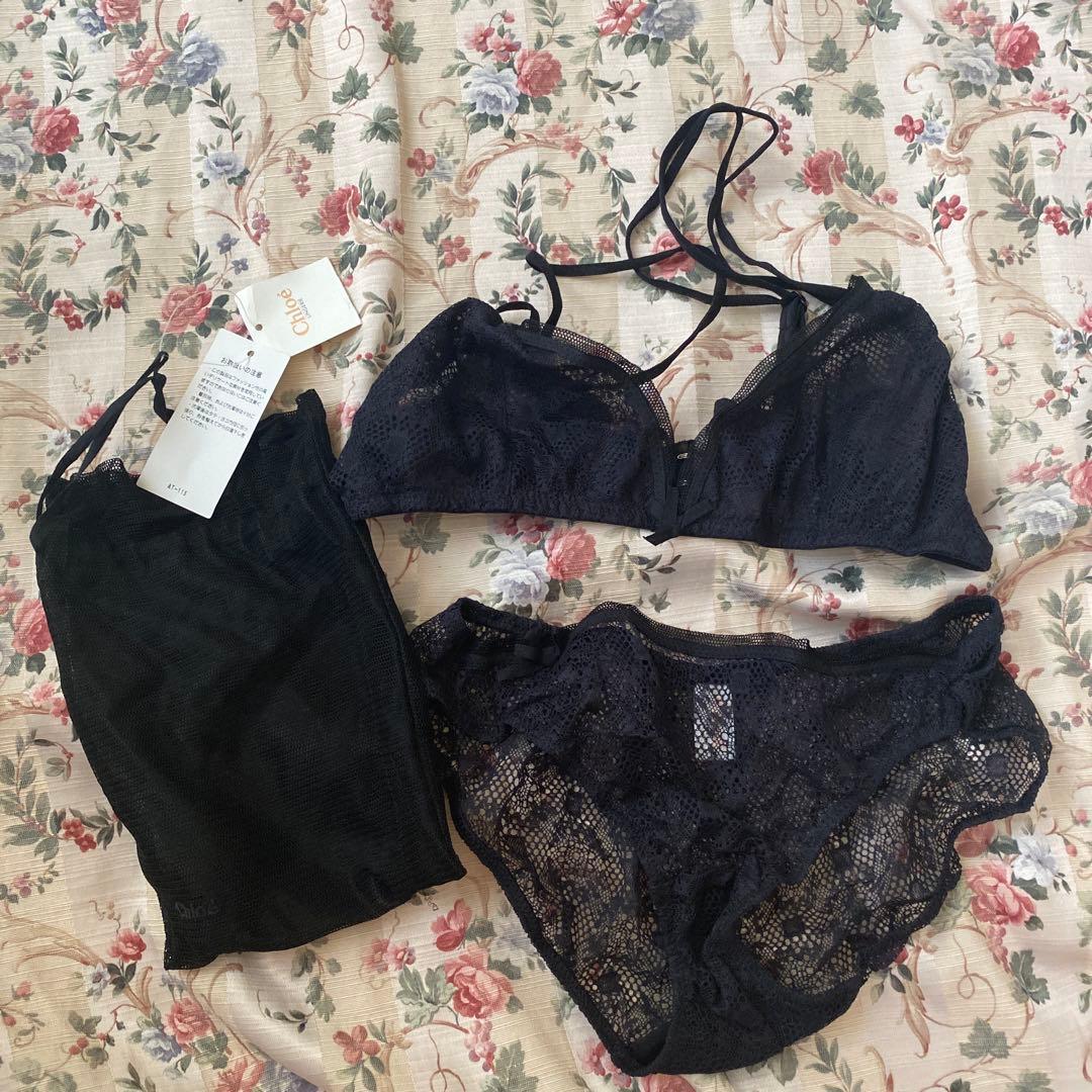 クロエ Chloe レースデザイン ブラックブラジャーショーツセット Lサイズ