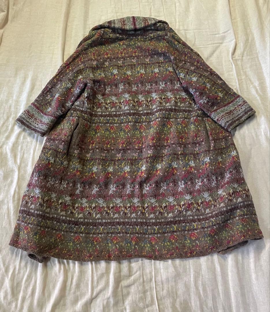 45r上質アルパカ混ジャガードニットガウンコート 軽くて柔らか暖かい美品