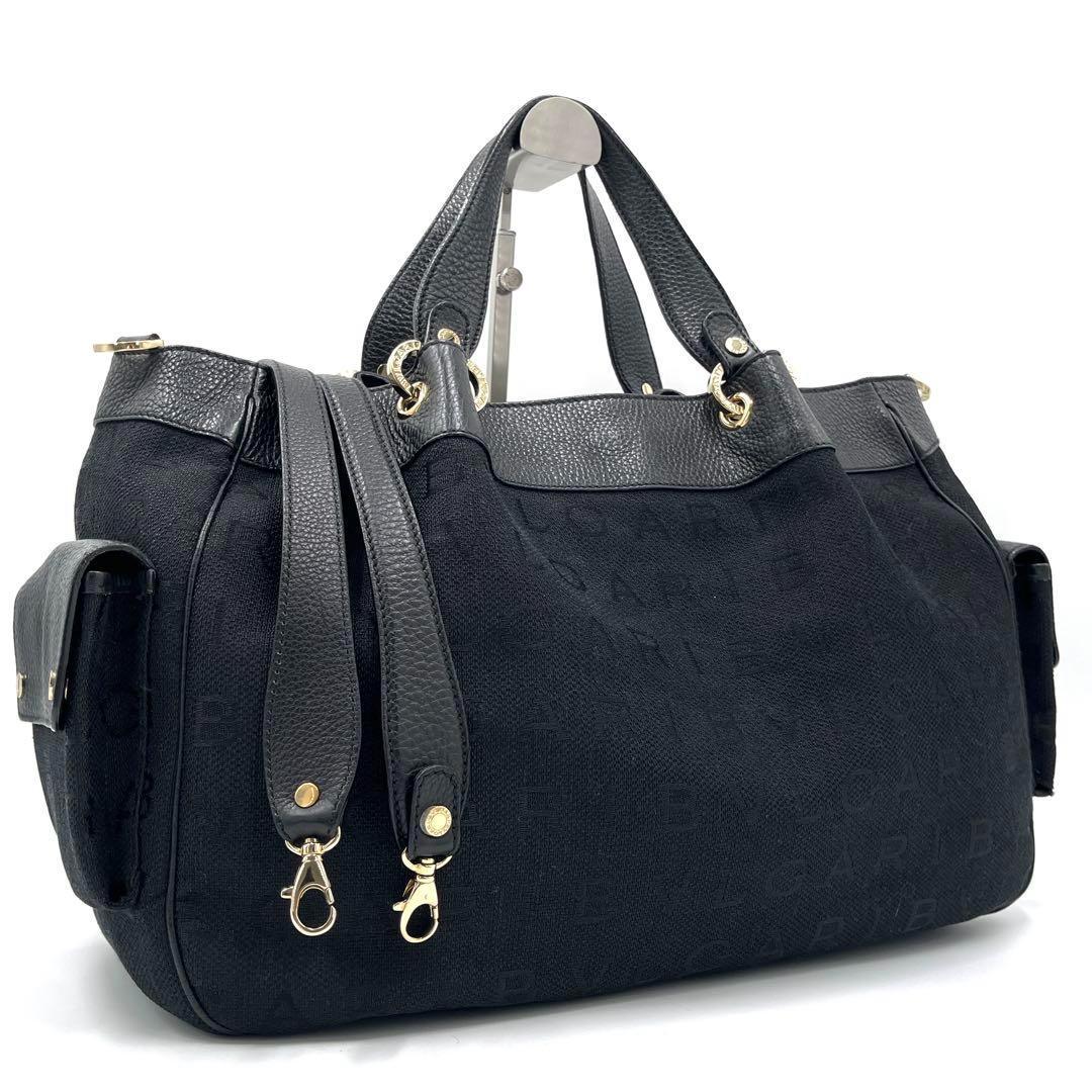 極美品・希少 ブルガリ 2way ボストンバッグ ロゴマニア Wポケット 黒