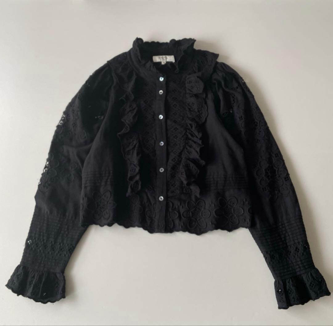 Sea NEW YORK カットワークレースブラウス　フリル刺繍　ブラックS