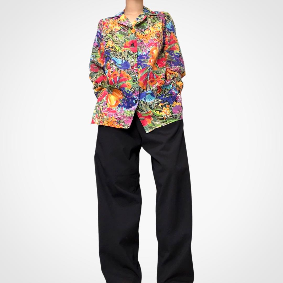 ヴィンテージ 花柄 総柄シャツ 開襟 アート マルチカラー USA古着