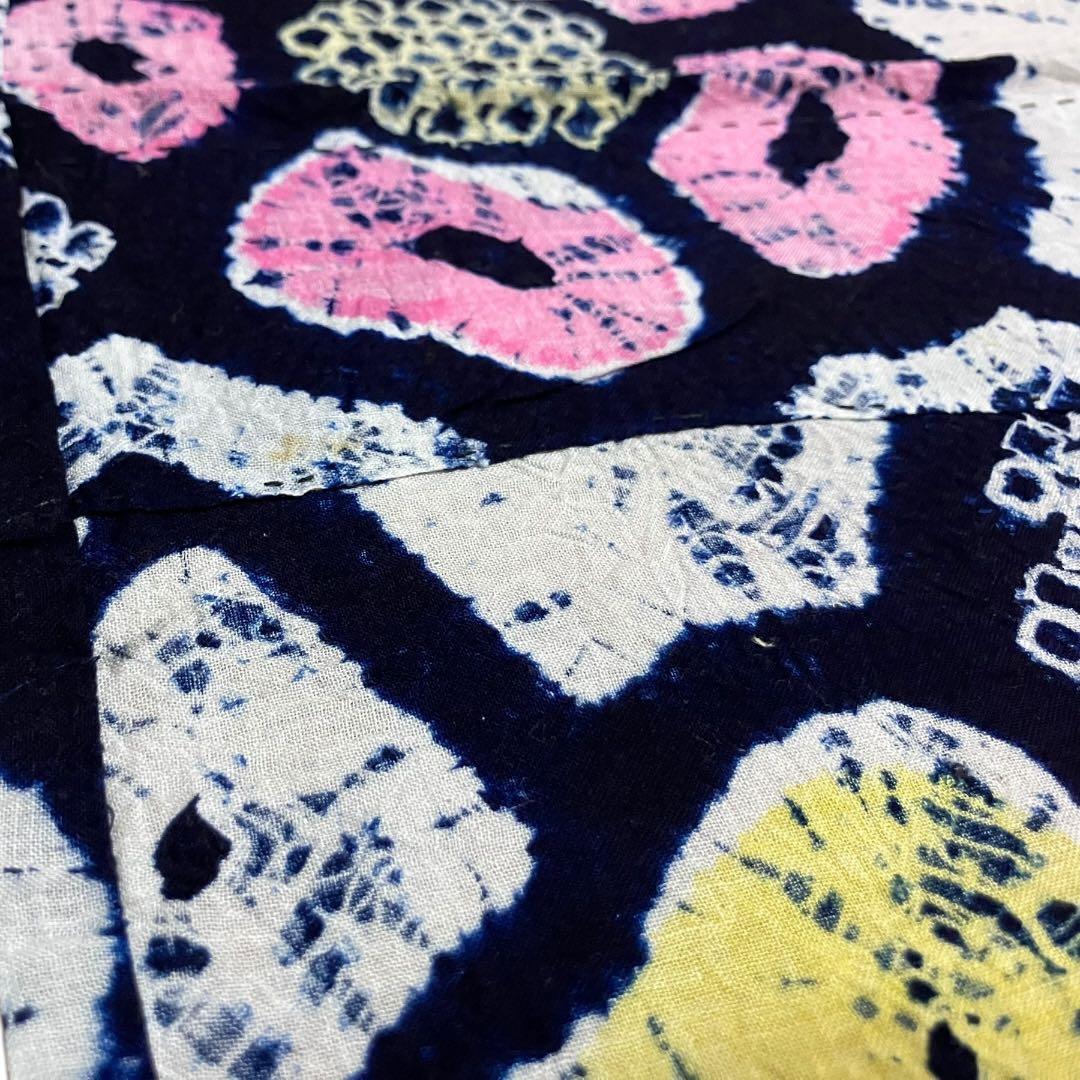 有松鳴海絞り 浴衣 ホワイト ネイビー 花柄 黄色 ピンク 綿 裄69cm 手縫