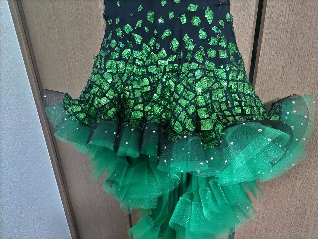 【期間限定値下げ・パソスカート有り】黒と緑のエレガントなラテンドレス