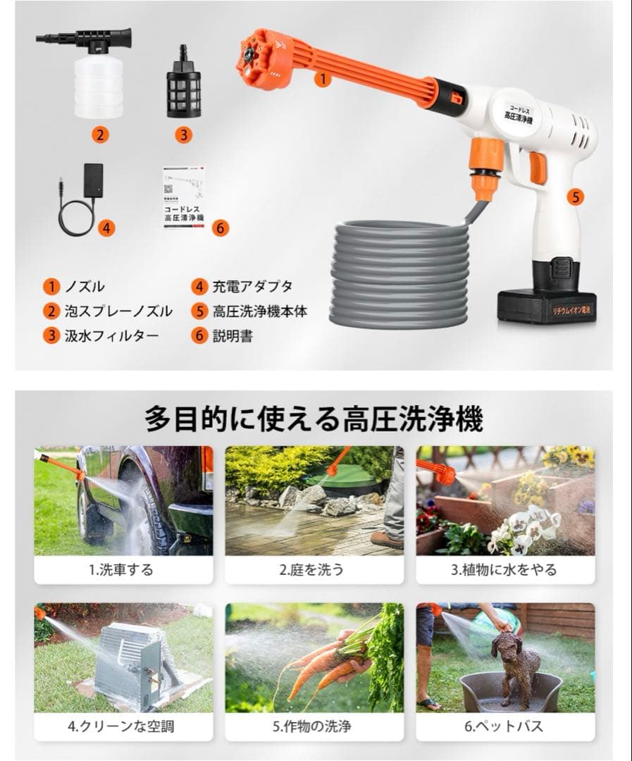 高圧洗浄機　洗浄機　コンパクト　軽量　パワフル　コードレス　多目的