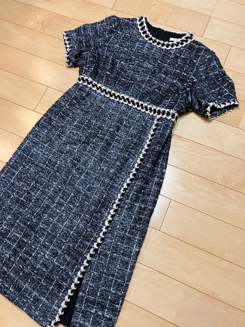 【1度のみの着用】LEJA ツイード柄ハイウエストソフトパフスリーブドレス　M